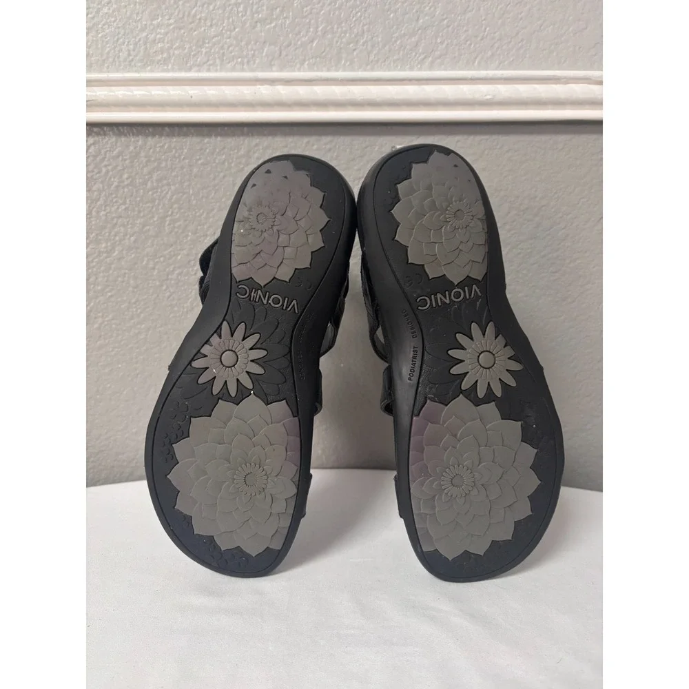 Vionic Womens 7 Amber Sandals Black Croc Embossed Leather Adjustable Orthopedic